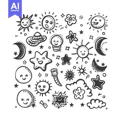Aset premium populer: Hand-drawn Doodle Illustration of Smiling Suns, Moons, and Stars