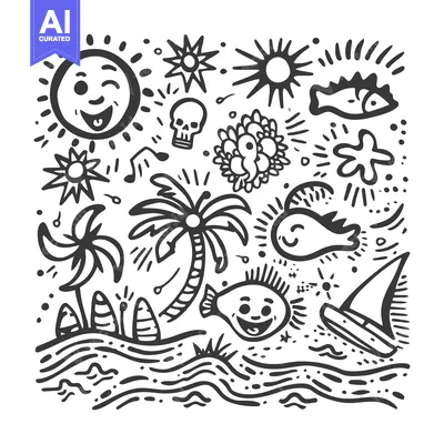 Aset desain premium: Hand-drawn Doodle Illustration of Summer and Beach Elements