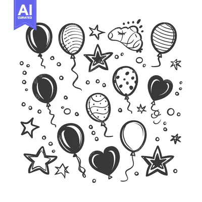 Aset desain premium: Hand-drawn doodle illustration of various balloons and stars