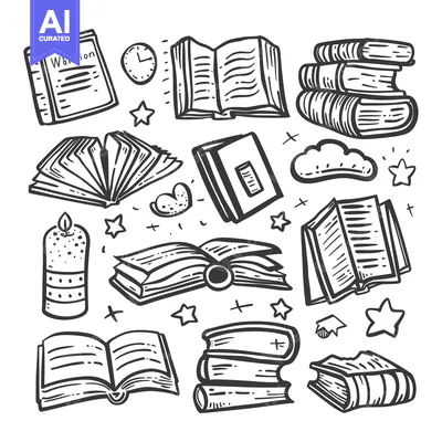 Aset desain premium: Hand-drawn Doodle Illustration of Various Books and Related Objects