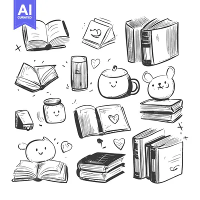 Aset desain premium: Hand-drawn doodle illustration of various books, jars, cups and cute c