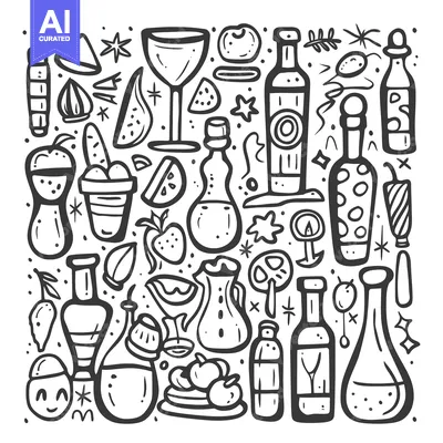 Aset desain premium: Hand-Drawn Doodle Illustration of Various Bottles, Glasses, and Fruits