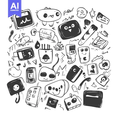 Aset premium populer: Hand-drawn doodle illustration of various cartoon robots and electroni
