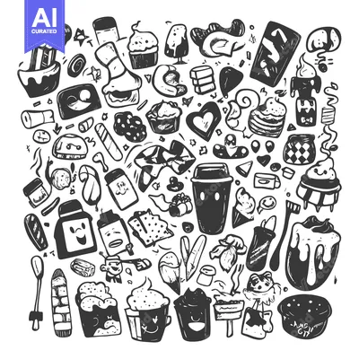 Aset desain premium: Hand-Drawn Doodle Illustration of Various Desserts and Sweets