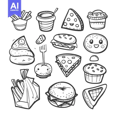 Aset premium populer: Hand-Drawn Doodle Illustration of Various Fast Food Items