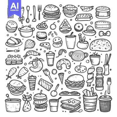 Aset premium populer: Hand-drawn Doodle Illustration of Various Food and Drink Items