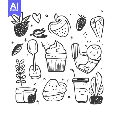 Aset premium populer: Hand-drawn Doodle Illustration of Various Food and Drinks with Smiley