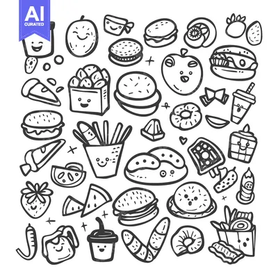 Premium design asset: Hand-drawn Doodle Illustration of Various Food and Drinks with Smiling