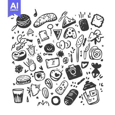 Popular premium asset: Hand-drawn doodle illustration of various food items and objects