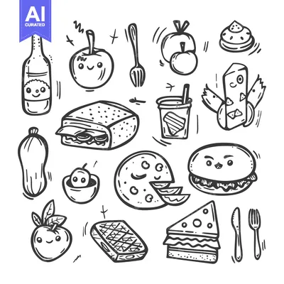 Aset desain premium: Hand-drawn Doodle Illustration of Various Food Items with Cute Faces