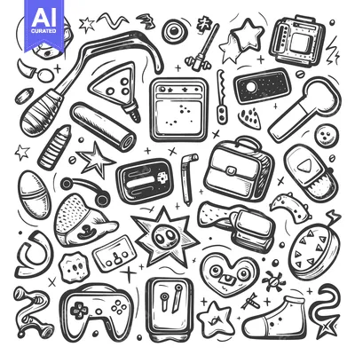 Premium design asset: Hand-Drawn Doodle Illustration of Various Gaming and Technology Items