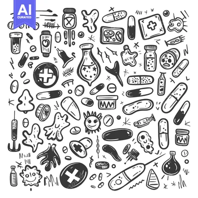 Aset desain premium: Hand-drawn doodle illustration of various medical and healthcare symbo