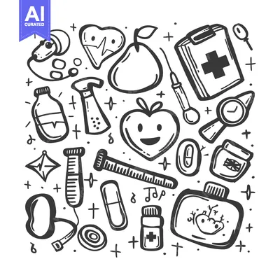 Aset desain premium: Hand-drawn doodle illustration of various medical supplies and healthy