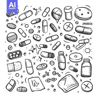 Aset desain premium: Hand-Drawn Doodle Illustration of Various Medications and Medical Supp