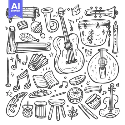 Aset desain premium: Hand-drawn Doodle Illustration of Various Musical Instruments