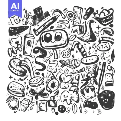 Aset desain premium: Hand-Drawn Doodle Illustration of Various Objects and Faces