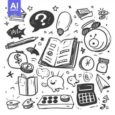 Popular premium asset: Hand-drawn doodle illustration of various objects including books, mon