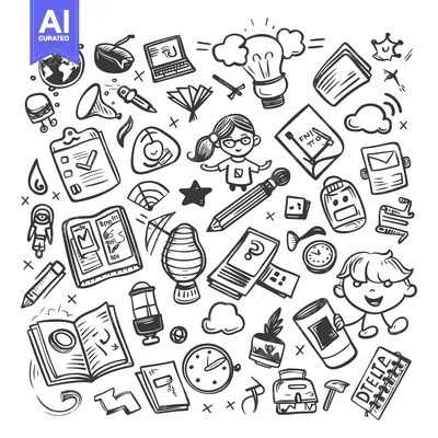 Hand-Drawn Doodle Illustration of Various Objects Related to Learning