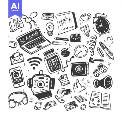 Aset desain premium: Hand-Drawn Doodle Illustration of Various Objects Related to Technolog