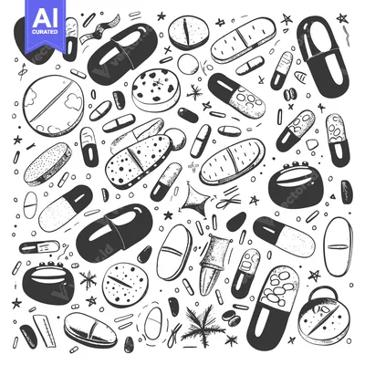 Hand-drawn doodle illustration of various pills and capsules