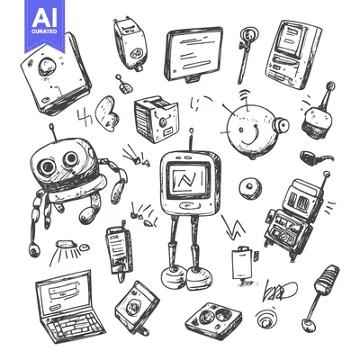 Aset desain premium: Hand-drawn doodle illustration of various retro and futuristic devices