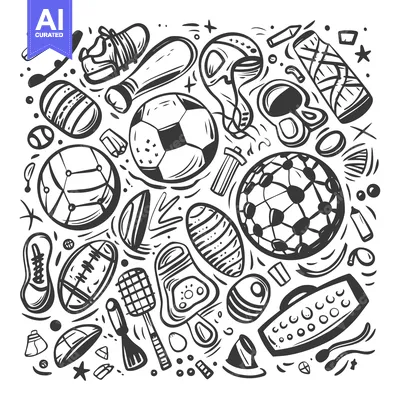 Aset desain premium: Hand-drawn doodle illustration of various sports equipment and accesso