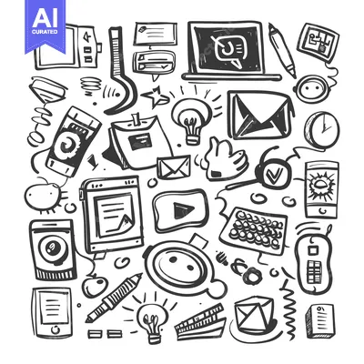 Aset desain premium: Hand-drawn Doodle Illustration of Various Technology and Communication