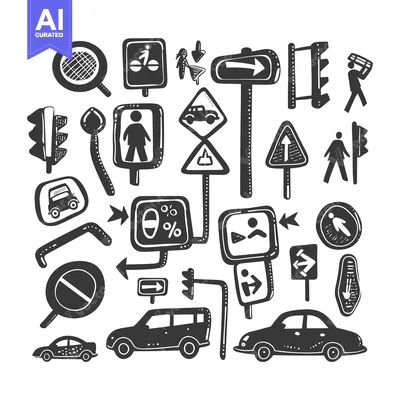 Aset desain premium: Hand-Drawn Doodle Illustration of Various Traffic Signs and Symbols