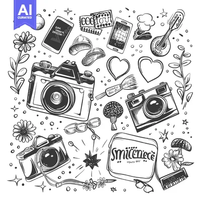 Aset premium populer: Hand-drawn doodle illustration of vintage camera, flowers, and other o