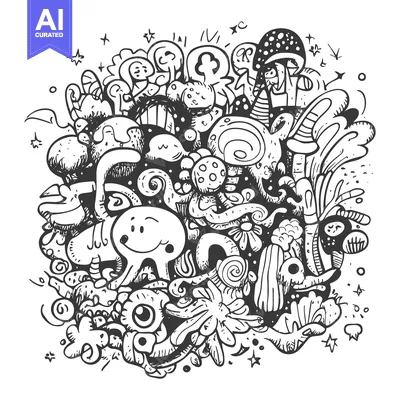 Premium design asset: Hand-Drawn Doodle Illustration of Whimsical Characters and Abstract Sh