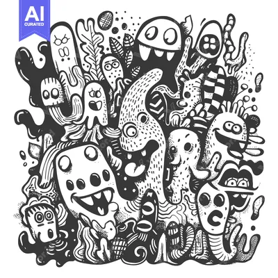Aset premium populer: Hand-Drawn Doodle Illustration of Whimsical Monsters and Creatures