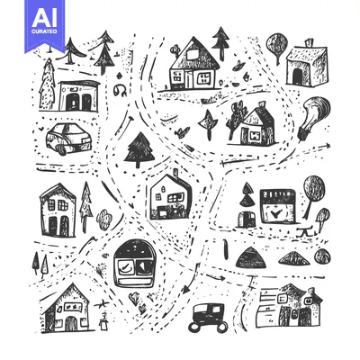 Premium design asset: Hand-drawn doodle illustration of a whimsical neighborhood with houses