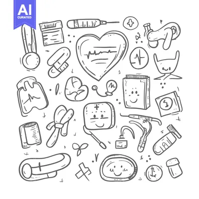 Aset desain premium: Hand-drawn doodle illustrations of medical equipment and symbols