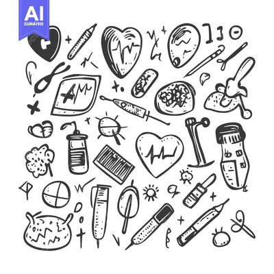 Aset desain premium: Hand-drawn doodle illustrations of medical symbols and objects