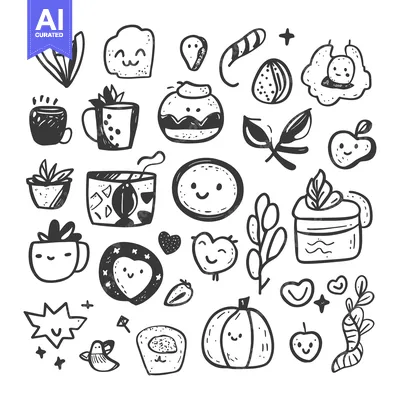 Premium design asset: Hand-drawn doodle illustrations of various cute objects with smiling f