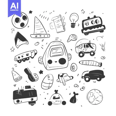 Popular premium asset: Hand-drawn doodle illustrations of various toy vehicles and objects