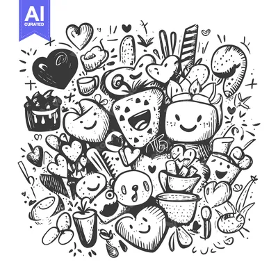 Aset desain premium: Hand-drawn Doodle Illustration with Hearts, Smiling Faces, and Objects