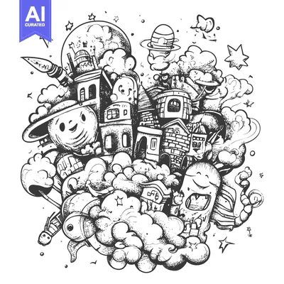 Aset premium populer: Hand-Drawn Doodle of a Whimsical Space Scene with Planets, Stars, and