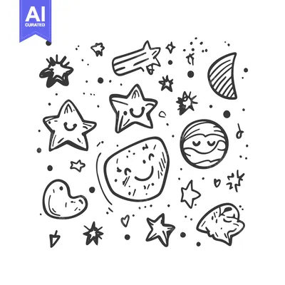 Aset premium populer: Hand-drawn doodle of celestial bodies with smiling faces