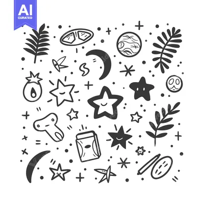 Hand-Drawn Doodle Pattern of Stars, Moons, Leaves, and Other Objects
