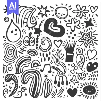 Aset desain premium: Hand-drawn doodle pattern of various shapes, symbols, and hearts