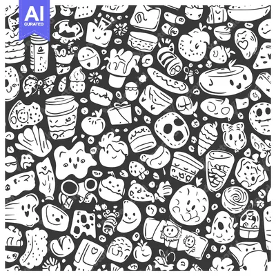 Aset premium populer: Hand-Drawn Doodle Pattern of White Objects on a Black Background