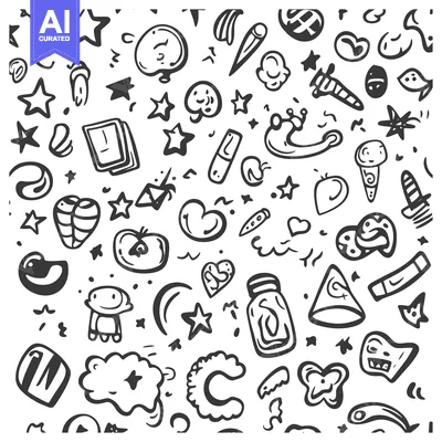 Aset premium populer: Hand-Drawn Doodle Pattern with Stars, Hearts, and Abstract Shapes