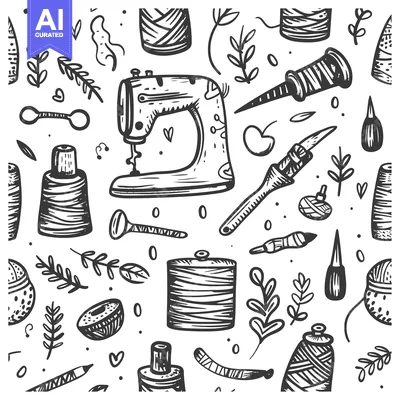 Hand-Drawn Doodle Seamless Pattern of Sewing Supplies and Floral Eleme