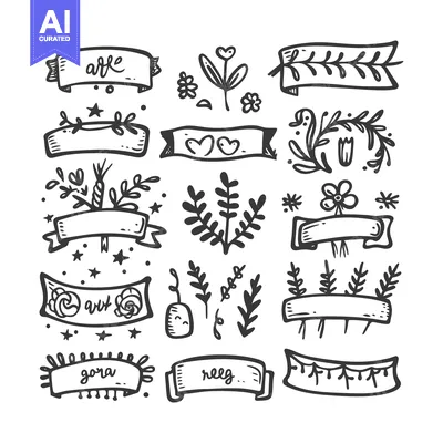 Aset desain premium: Hand-Drawn Doodle Set of Banners, Flowers, and Leaves