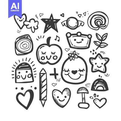 Aset desain premium: Hand-drawn doodle set of cute and whimsical characters, objects, and s