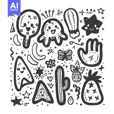 Aset desain premium: Hand-drawn doodle set of cute characters with smiling faces