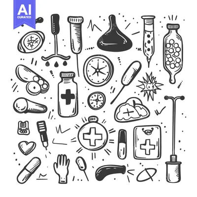Hand-Drawn Doodle Set of Medical and Healthcare Icons