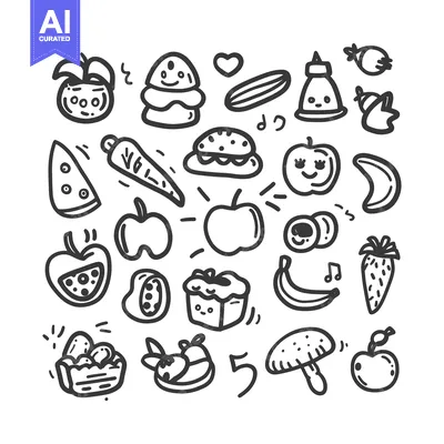 Aset premium populer: Hand-drawn doodle set of various fruits, vegetables, and sweets
