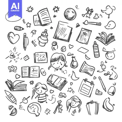 Aset premium populer: Hand-drawn doodles of various objects, including books, girls, hearts,